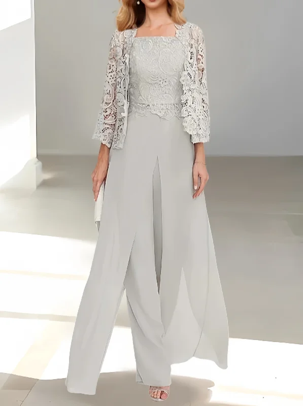 Chiffon Square Neck Floor-Length Mother of the Bride Pantsuits with Jacket & Split Side Nylon Jacket Polyester Jacket Spandex Jacket