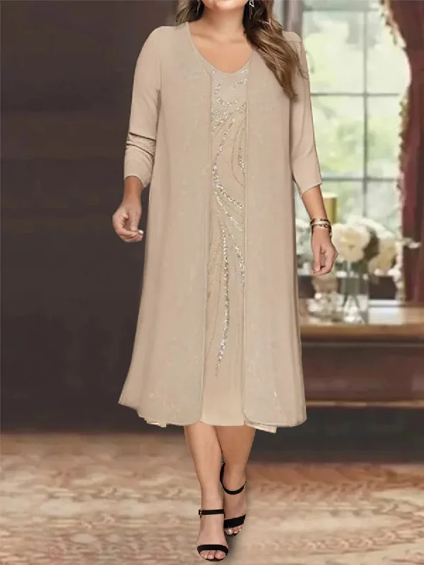 Sheath/Column V-Neck Long Sleeves Tea-Length Plus Size Mother of the Bride Dresses with Jacket & Sequins Hooded Jacket Caped Jacket Shawl Collar Jacket