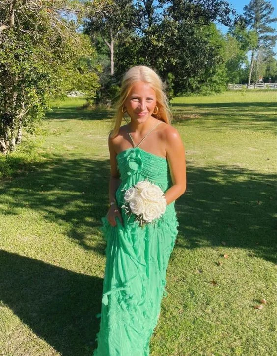 Elegant Green A-Line Long Party Dress Charming Wedding Guest Dress, DP2401 Boat Neckline Classic