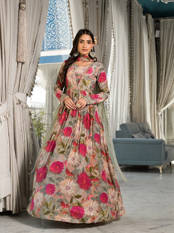 Pink Multi Digital Print Pure Crepe Long Party dress with Dupatta Tunics Ceremony elegant