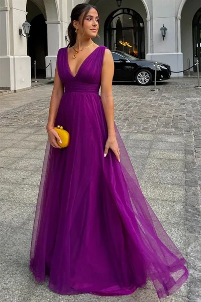 Dark Purple V Neck A-Line Tulle Long Formal Party Dress, DP3387 Tunics Stylish elegant