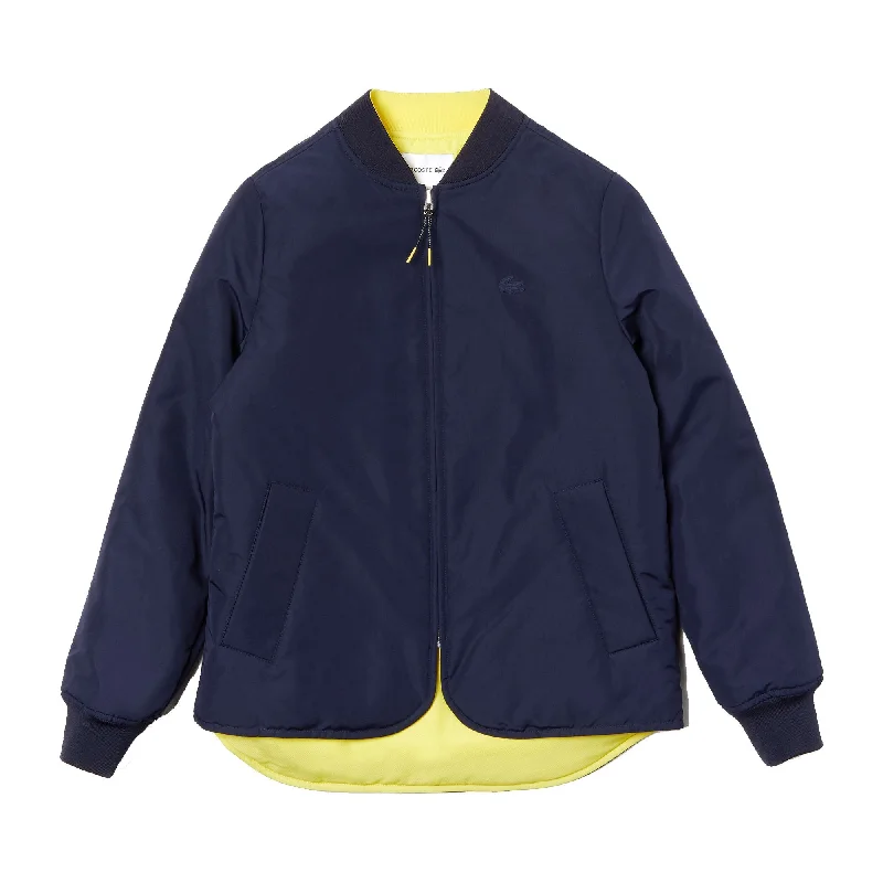 Lacoste Womens BF8346 Seamlessly Quilted Reversible Bi-Material Rain Jacket, Navy Blue/Yellow 4NS Tailored Jacket Straight Jacket A-Line Jacket