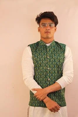 Sambalpuri Designer Gents Half Jacket in  Green, Yellow & White Color Fleece Fabric Down Fabric Feather Fabric
