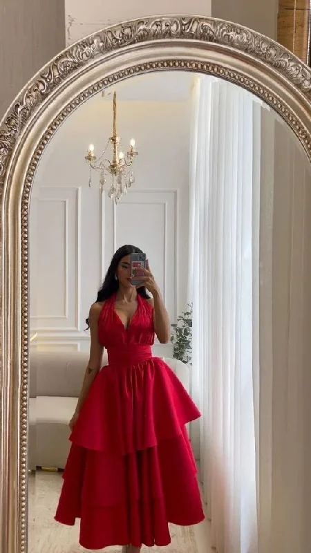Red Halter Backless A-Line Layers Long Evening Party Dress, DP2898 Tunics Fleece cozy