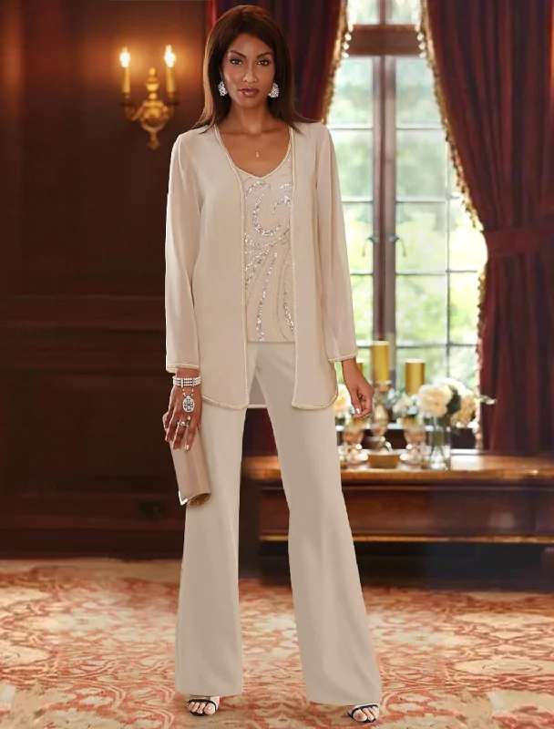 Chiffon V-Neck Floor-Length 3 Pieces Mother of the Bride Pantsuits with Jacket & Sequins Jersey Jacket Tulle Jacket Batik Jacket