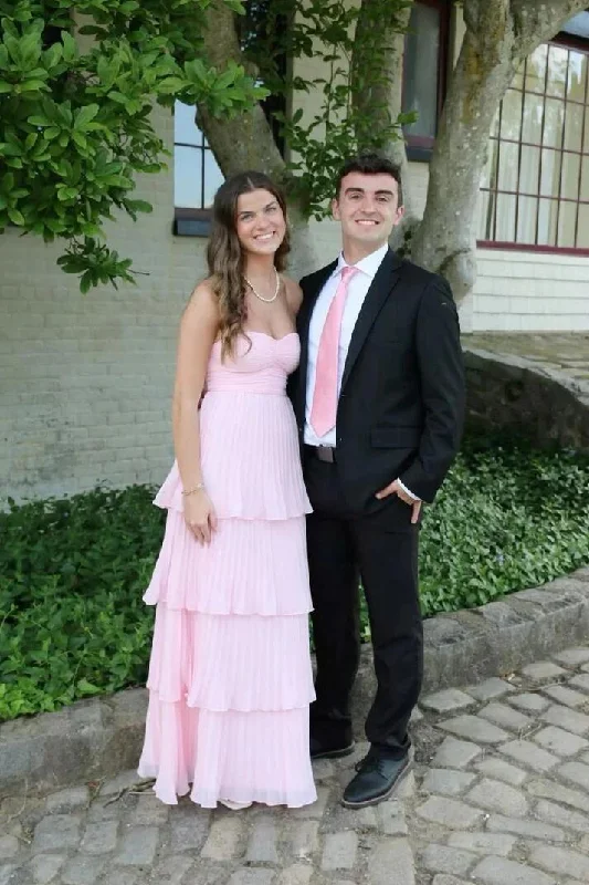 Pink Strapless A-Line Tiered Long Prom Dress Evening Party Dress, DP3218 High-Low Hemline Casual