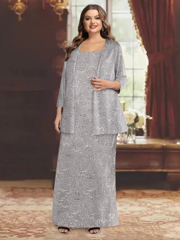 Chiffon Scoop Ankle-length Plus Size Mother of the Bride Dresses with Sequins & Jacket V-Neck Jacket Boat Neck Jacket Square Neck Jacket