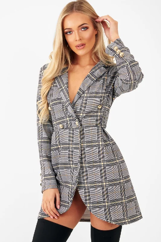 Mustard Black Check Wrap Blazer Dress - Emry Women's Premium Blazer