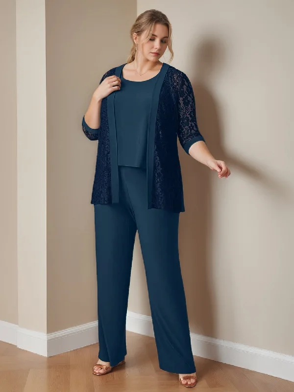 Chiffon 3 Pieces Scoop Neck 3/4 Length Sleeves Floor-Length Plus Size Mother Of The Bride Pantsuits With Jacket & Pockets Quilted Jacket Puffer Jacket Insulated Jacket