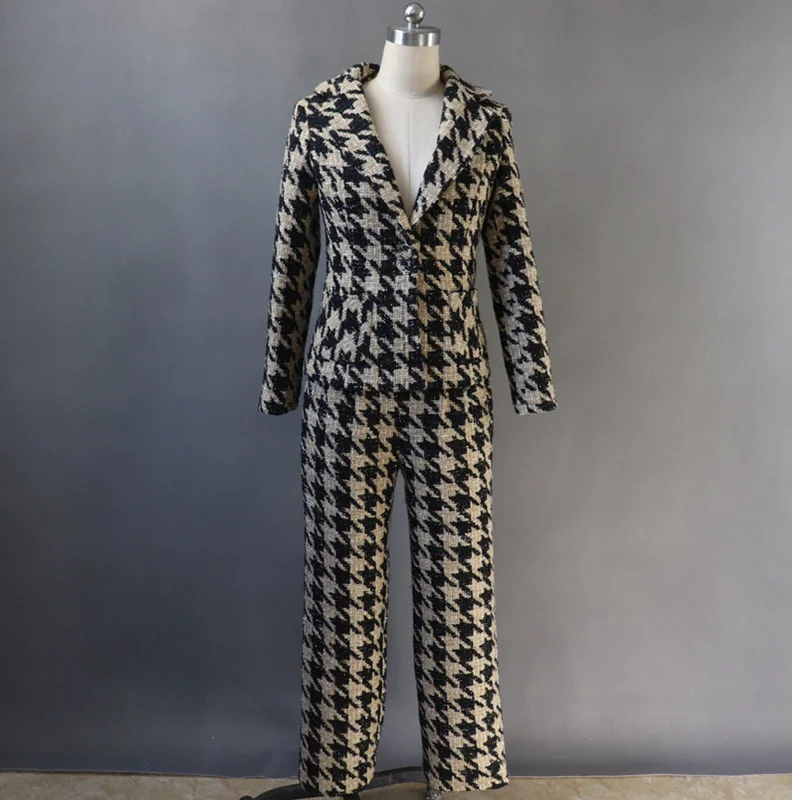 Women's Designer Inspired CUSTOM MADE Hounds tooth Jacket Coat Blazer+Trousers(Skirt/Shorts) Insulated Jacket Fitted Jacket Loose Jacket