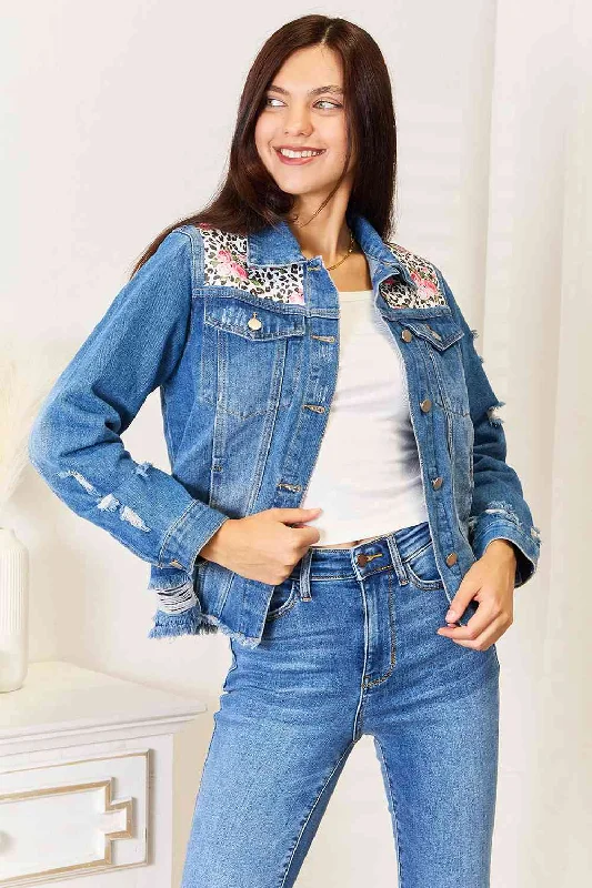 Baeful Leopard Floral Distressed Raw Hem Denim Jacket Chenille Jacket Brocade Jacket Lace Jacket