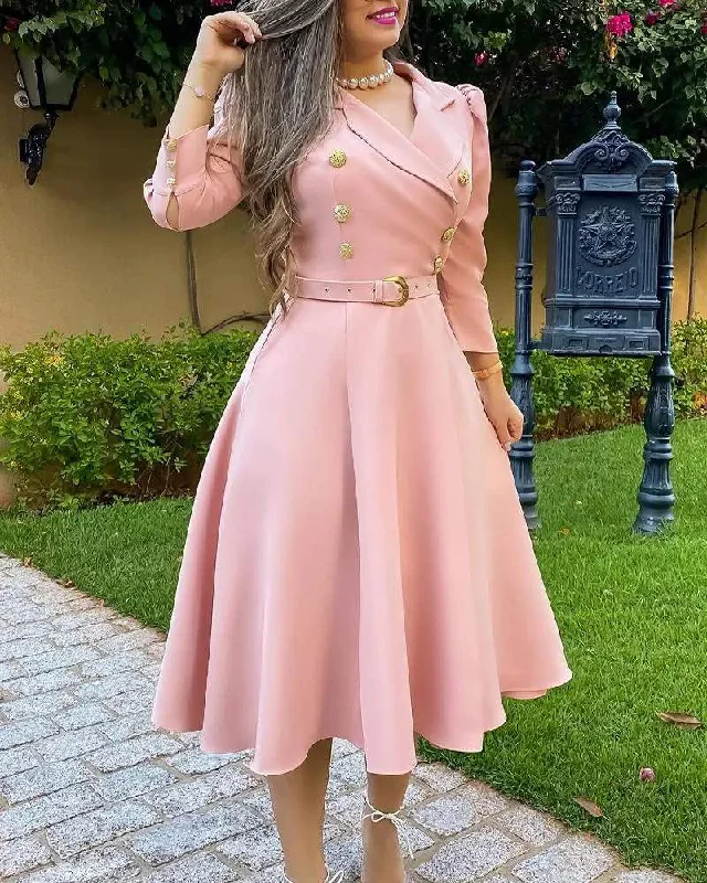 PUFF SLEEVE DOUBLE BREASTED BELTED BLAZER DRESS Women's Vacation Suit