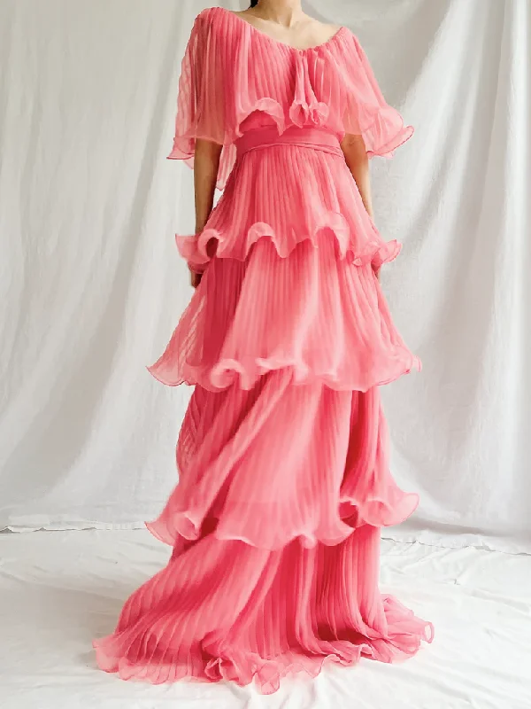 Watermelon Red Chiffon A-Line Tiered Elegant Long Party Dress, DP2539 Tunics Exclusive limited