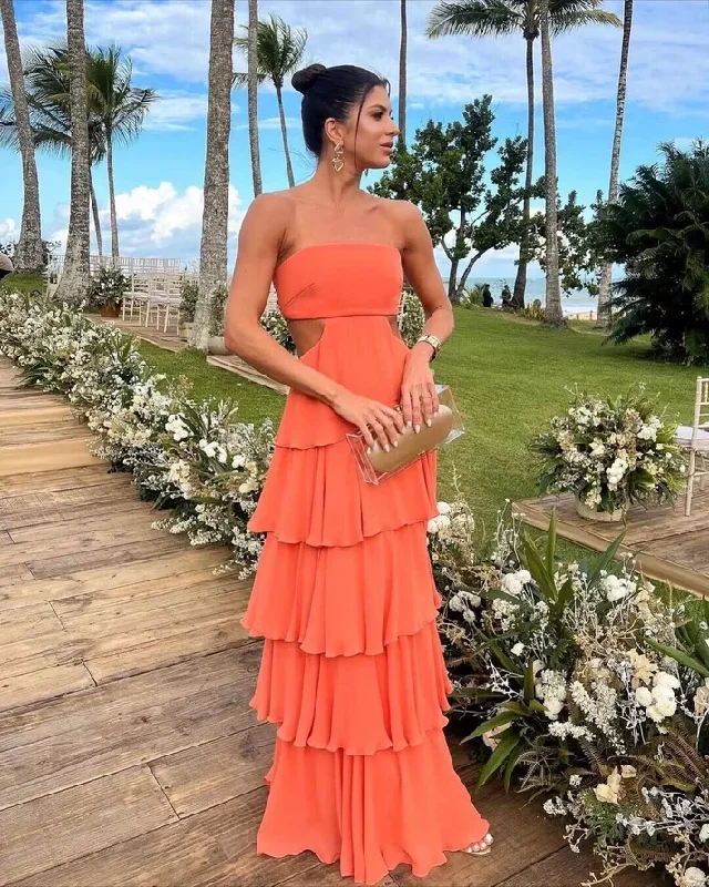Orange Strapless A-Line Layers Backless Formal Party Dress, DP2437 Chiffon Maxi Beach