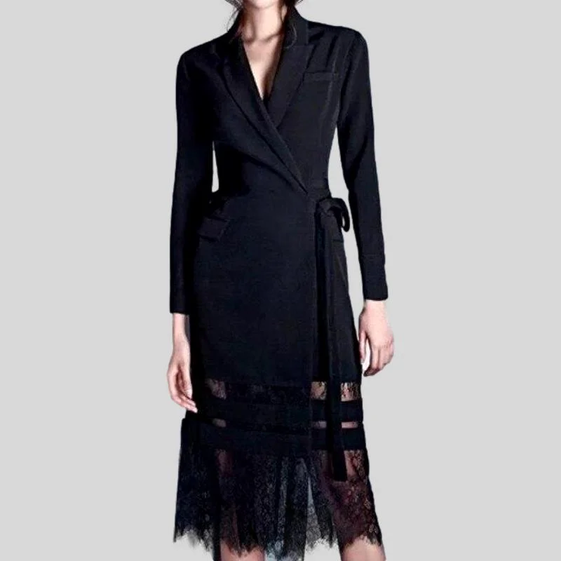 Runway Full Sleeve Notched Collar Lace Patchwork Blazer Dress Silk Women's Blazer