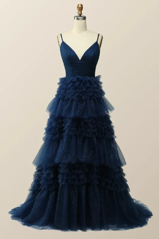 Navy Blue A-Line Tiered Ruffles Long Party Dress Ball Gown,DP1812 Halter Neckline Beach