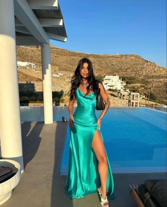 Green Straps A-Line Satin Long Party Dress Fashion Summer Dress, DP3345 Tunics Cozy comfortable