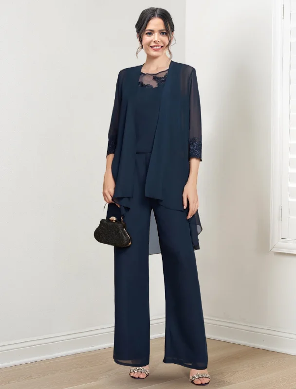 Chiffon Scoop Mother of the Bride Pantsuits with Jacket Satin Jacket Silk Jacket Chiffon Jacket