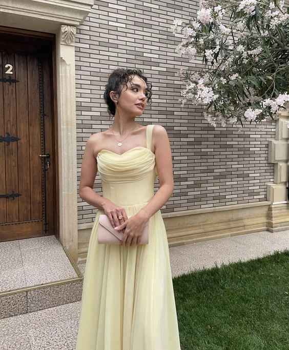 Light Yellow Sweetheart One Shoulder A-Line Long Party Dress,DP1768 Tunics Chinos classic