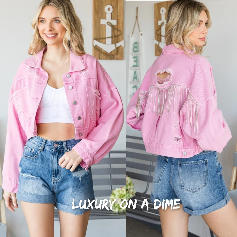 Denim Jacket Chain Cropped Distressed Frayed Denim Holes Button Up Veveret A-Line Jacket Boat Neck Shawl Collar