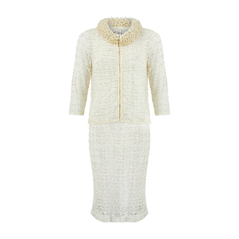 1960s White Lace and Pearl Embellished Dress and Jacket Set Cotton Fabric Linen Fabric Terry Fabric