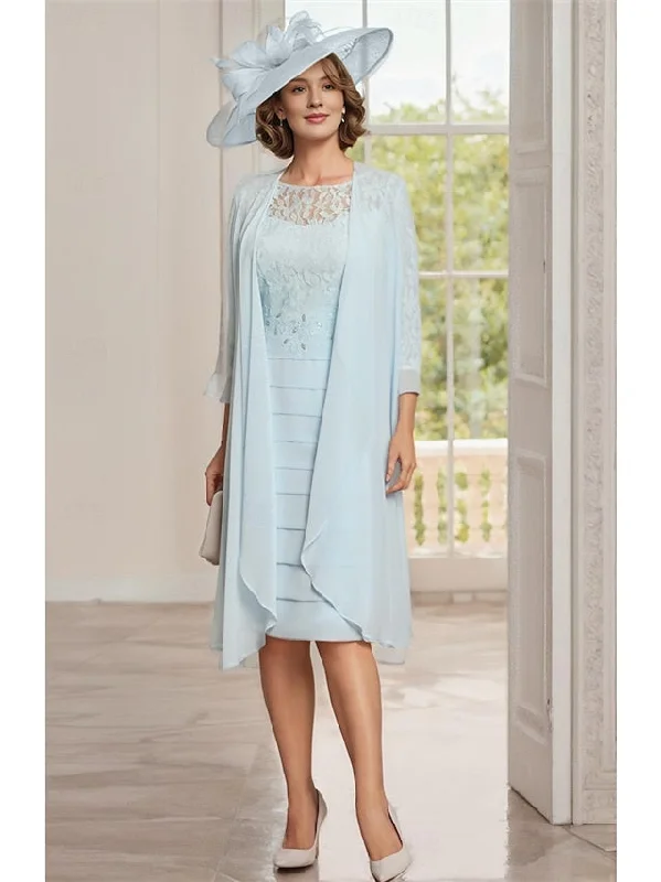 Two Piece Sheath/Column Knee-Length Jewel Neck Mother of the Bride Dress with Jacket Denim Jacket Leather Jacket Suede Jacket