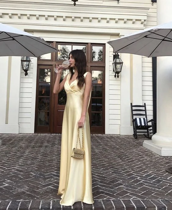 Light Yellow A-Line Satin Long Party Dress,DP1783 Tunics Lace romantic