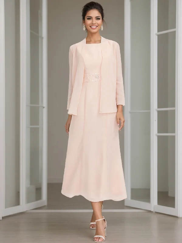 Sheath/Column Square Neck Ankle Length Mother of the Bride Dresses with Jacket & Beading Front Pockets Side Pockets Patch Pockets