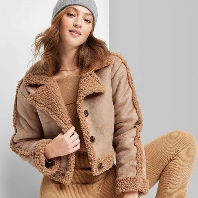 New - Women's Faux Shearling Jacket - Wild Fable Brown S Zippered Front Buttoned Front Snap Front