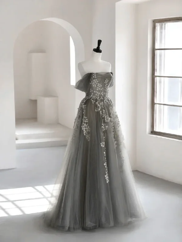 Grey Off Shoulder A-Line Tulle Appliques Long Formal Party Dress, DP3613 Tunics Hiking breathable