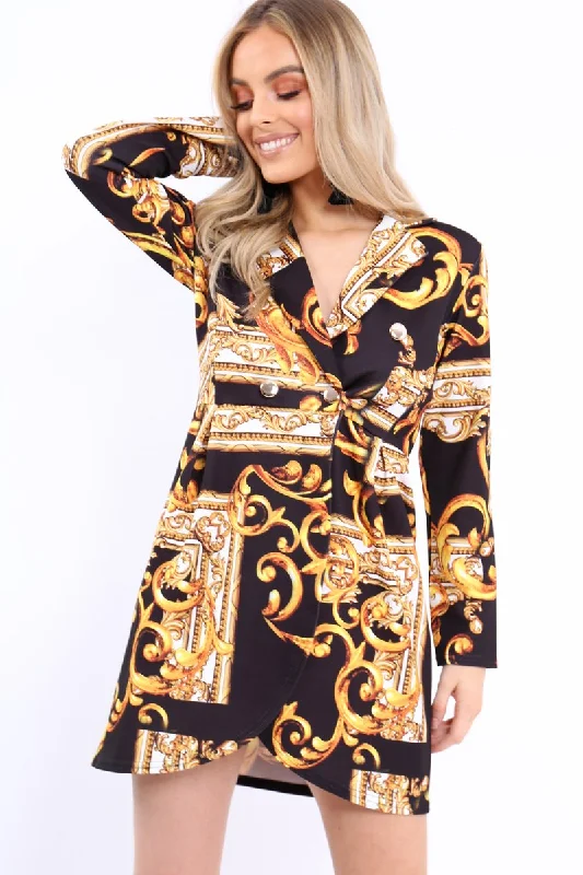 Black Scarf Print Button Detail Blazer Dress - Hannah Women's Trendy Jacket