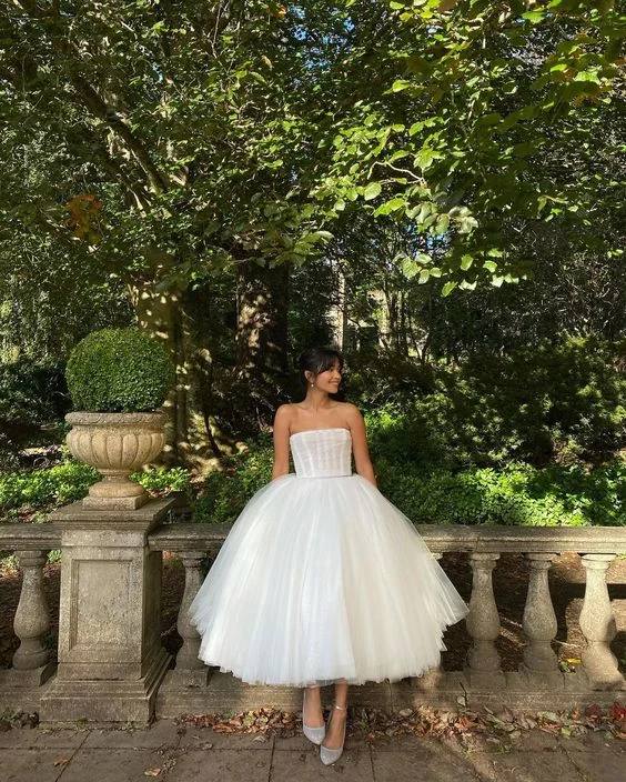 White Strapless A-Line Tulle Birthday Party Dress Evening Gown,DP1801 Cowl Neckline Elegant