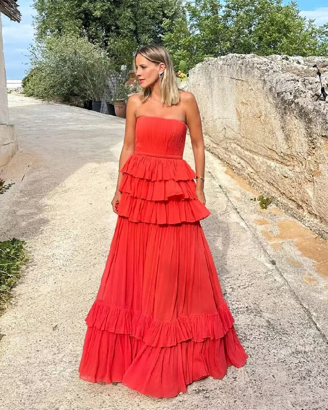 Red Strapless A-Line Layers Elegant Long Party Dress, DP2440 Glittery Long Formal