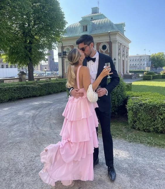 Elegant Pink Chiffon A-Line Layers Backless Long Party Dress,DP1940 Tunics Fall fleece