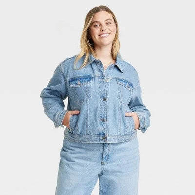 New - Women's Cropped Denim Jacket - Universal Thread Medium Wash XXL Front Pockets Side Pockets Patch Pockets