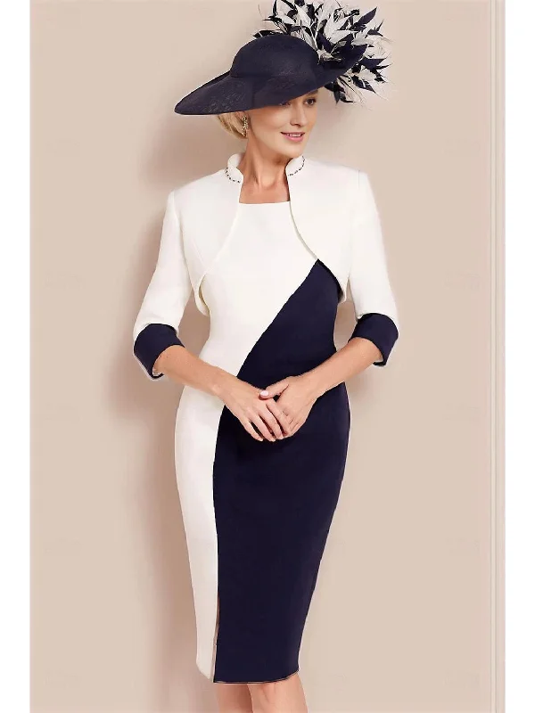 Two Piece Sheath/Column Knee-Length Jewel Neck Short Sleeve Mother of the Bride Dress with Jacket Nylon Fabric Polyester Fabric Spandex Fabric
