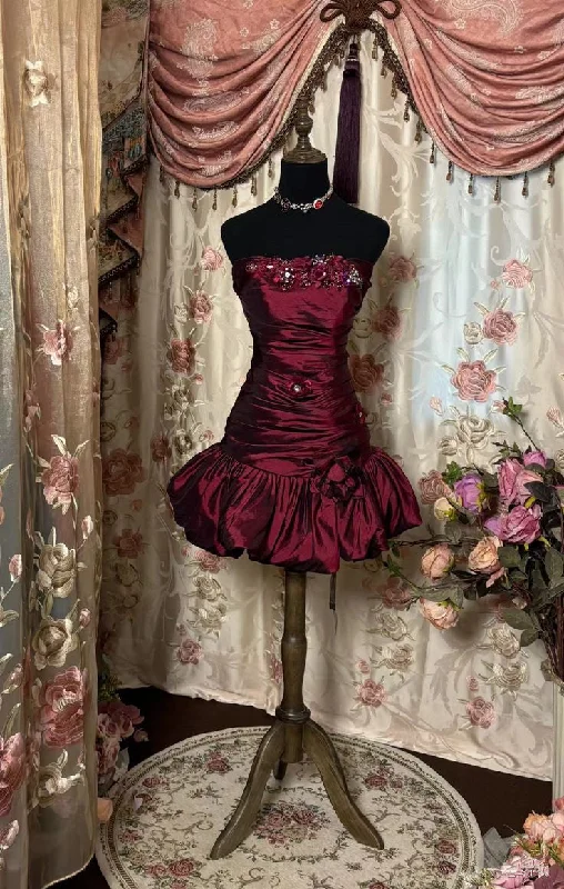 Wine Red Strapless Sheath Satin Vintage Cocktail Dress Mini Party Dress, D08 Tunics Seasonal trendy