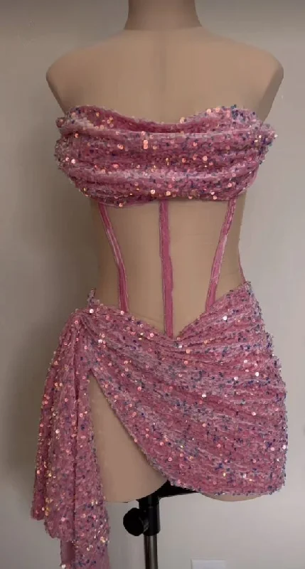 Pink Strapless Sequins Homecoming Dress Short Party Dress, MD7880 Tunics Brand named