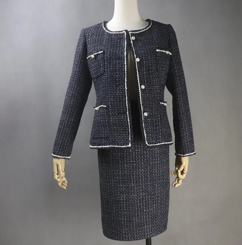Custom Made Black Suit in Plus sizes Pearl Buttons Jacket + Dress/Shorts/ Pencil Skirt A-Line Jacket Boat Neck Shawl Collar