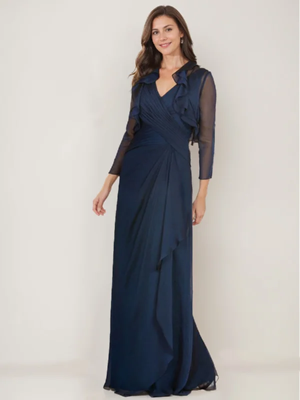 Sheath/Column V-Neck 3/4 Sleeves Mother Of The Bride Dresses with Ruffles & Jacket Mesh Jacket Canvas Jacket Denim Jacket