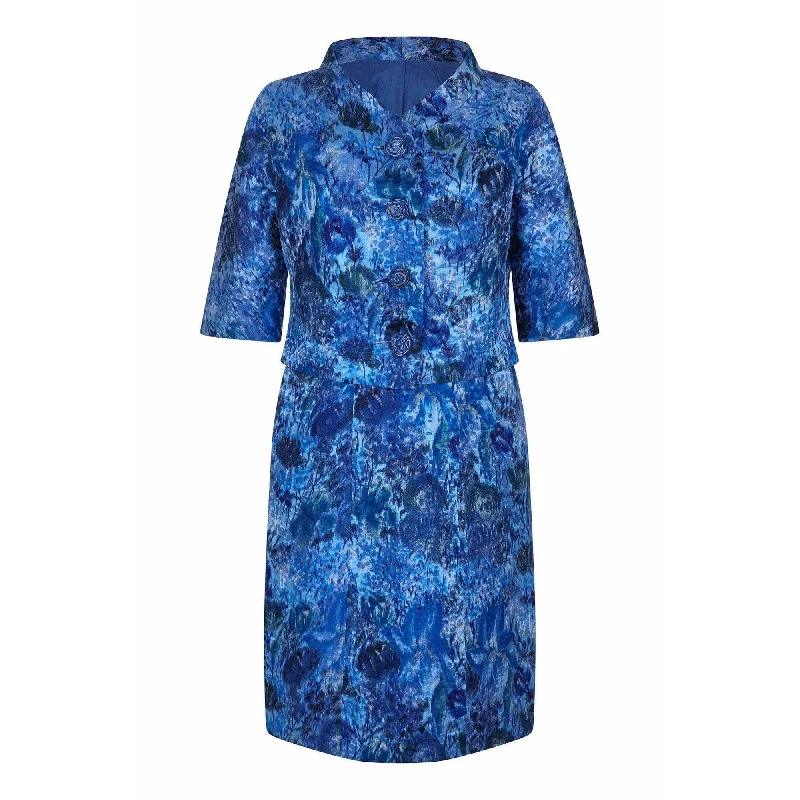 1960s French Couture Blue Floral Textured Silk Dress & Jacket Suit Toggled Jacket Drawstring Jacket Belted Jacket