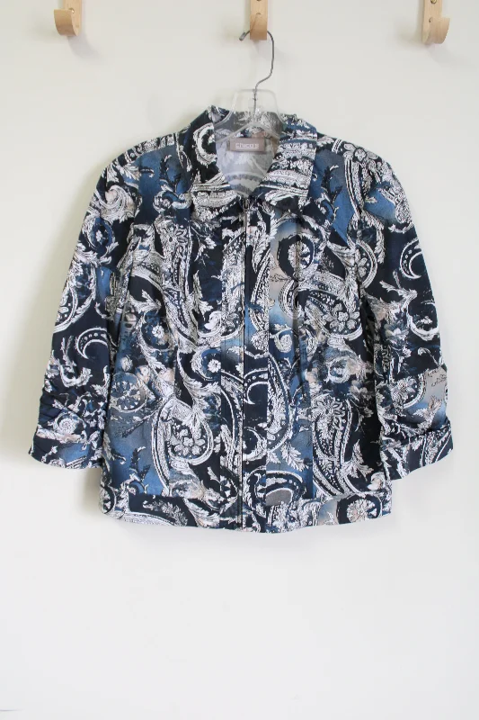 Chico's Blue Tan Paisley Zip Down Light Jacket | 0 (S) Belted Jacket Elasticated Jacket Padded Jacket