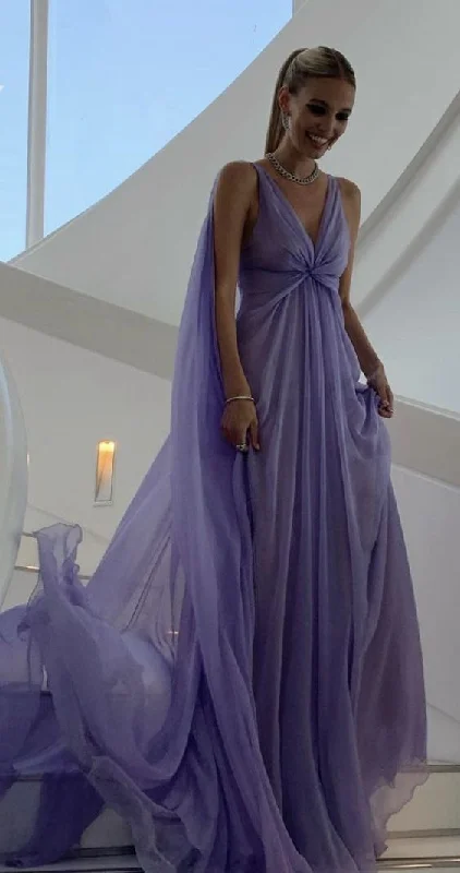 Purple V Neck A-Line Elegant Long Party Dress, DP2037 Peplum Ruffle Cocktail