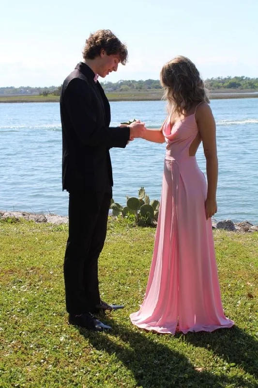 Pink A-Line Spaghetti Straps Long Party Dress,DP1862 Satin Halter Glamorous