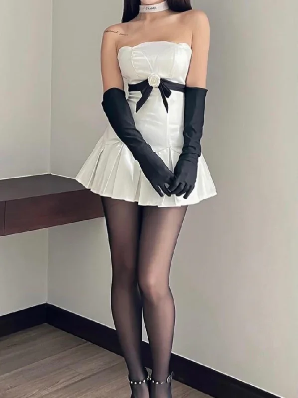 White Sweetheart Rose Ribben A-Line Pleated Mini Party Dress Birthday Dress, DP3022 Crew Neckline Casual