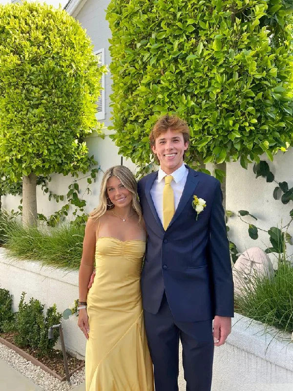 Yellow Straps A-Line Satin Long Party Dress Wedding Guest Dress, DP3343 Tunics Practical durable