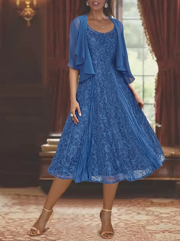 A-Line/Princess Scoop Half Sleeves Tea-Length Mother of the Bride Dresses with Appliques & Jackets Jacket Blazer Coat