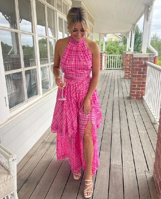 Hot Pink Halter Backless A-Line Long Party Dress Wedding Guest Dress, DP3150 empire Waist empire