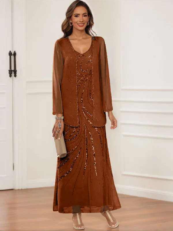 Sheath/Column V-Neck Ankle-Length Mother of the Bride & Groom Dresses with Jacket & Sequins Satin Jacket Silk Jacket Chiffon Jacket