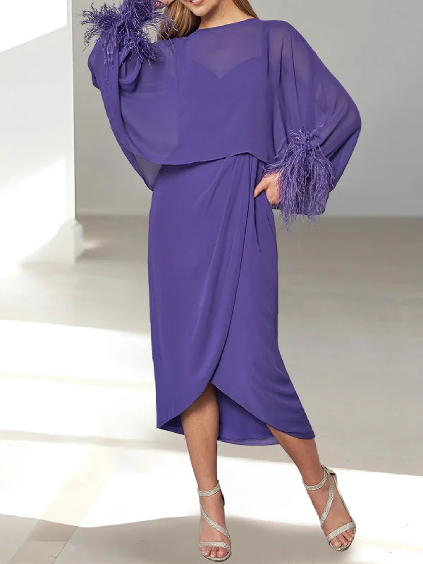 A-Line/Princess  Tea-Length Mother of the Bride Dresses with Feathered Jacket Jacket Blazer Coat